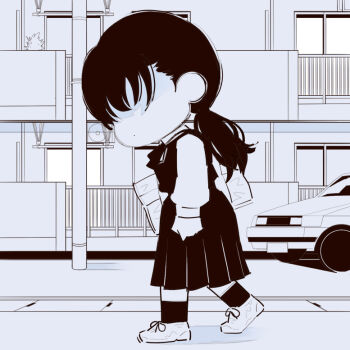 1girl bag car chainsaw_man chibi chibi_only deer60868637 dress fourth_east_high_school_uniform long_hair long_sleeves mitaka_asa monochrome motor_vehicle outdoors pinafore_dress school_bag school_uniform sleeveless sleeveless_dress solo walking