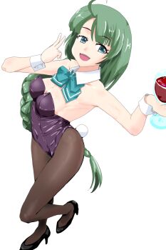 Rule 34 | 1girl, ahoge, black footwear, black pantyhose, blue bow, blue bowtie, bow, bowtie, braid, breasts, detached collar, from above, green hair, highres, kantai collection, leotard, long hair, medium breasts, pantyhose, playboy bunny, purple leotard, rabbit tail, simple background, single braid, smile, solo, tail, white background, wrist cuffs, yamada mod, yuugumo (kancolle)
