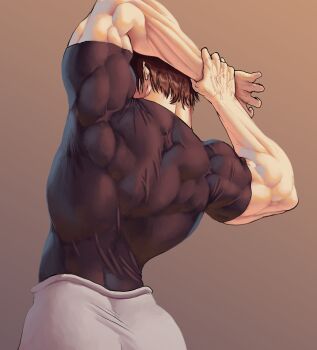 1boy absurdres arms_up ass back back_focus back_muscles bara biceps black_hair black_shirt boruburo broad_shoulders commentary deltoids english_commentary flexing from_behind fushiguro_touji highres jujutsu_kaisen lats male_focus mature_male median_furrow muscular muscular_arms muscular_male pants shirt short_hair shredded_muscles simple_background skin_tight stretching tight_clothes tight_shirt trapezius triceps veins veiny_arms veiny_hands white_pants
