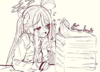 1girl antenna_hair blue_archive blush bow flying_sweatdrops fubuki_(blue_archive) hair_bow halo highres jacket kanikama_acedia long_hair monochrome open_mouth paper_stack simple_background sketch solo twintails