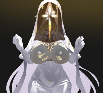 1girl absurdres black_background blonde_hair breasts closed_eyes commentary covered_navel dress english_commentary gloves goddess_of_victory:_nikke headpiece highres large_breasts long_hair parted_lips simple_background smile solo standing v.t.c._priestess_(nikke) veil very_long_hair wge white_dress white_gloves yellow_background