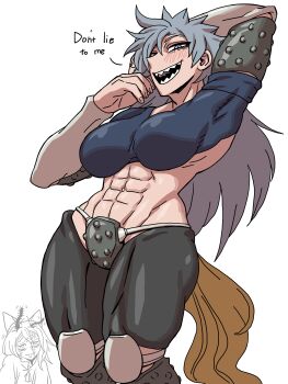 2girls abs absurdres armor breasts eddybird55555 grey_eyes grey_hair highres himemushi_momoyo kudamaki_tsukasa long_hair multiple_girls muscular muscular_male sharp_teeth simple_background teeth thick_thighs thighs touhou