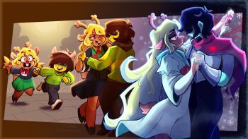 1girl 1other age_progression aged_down animal_ears animal_nose antlers armor backstab barefoot black_pants black_skirt black_sweater blonde_hair blood blood_on_hands blue_bodysuit blue_hair blue_skin blush bodysuit bow bowtie breastplate bridal_gauntlets brown_eyes brown_hair brown_hood brown_pants brown_shoes buck_teeth cape checkered_clothes checkered_sweater_vest checkered_vest closed_eyes cold collared_shirt colored_skin cryokinesis dancing deer_antlers deer_ears deer_girl deer_tail deltarune empty_eyes eyelashes fake_horns fleeing freckles furry furry_female gauntlets gloves green_hoodie green_skirt green_sweater grey_eyes hairband hand_on_another&#039;s_waist highres holding holding_hands holding_ice holding_knife holding_weapon hood hood_down hooded_robe hoodie hooves horn_hairband horns icicle imminent_stabbing interlocked_fingers knife kris_(dark_world)_(deltarune) kris_(deltarune) laughing long_hair long_sleeves noelle_holiday noelle_holiday_(dark_world) one_eye_closed open_mouth pants parted_lips pink_cape pleated_skirt red_bow red_bowtie red_nose reindeer_antlers reindeer_girl robe running scared shaded_face shirt shoes short_hair short_twintails single_horizontal_stripe skirt smile sneakers snowflakes snowing soul_(deltarune) stephsartlab surprised sweater tail teeth thorn_ring_(deltarune) torn_cape torn_clothes twintails two-tone_sweater_vest utdr_(toby_fox) very_long_hair vest wavy_hair weapon weird_route_(deltarune) white_gloves white_robe