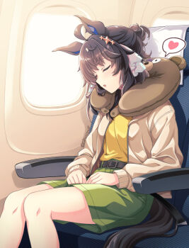 1girl airplane_interior animal_ears belt black_hair blush breasts casual chair commentary_request daring_tact_(umamusume) hair_between_eyes hair_ornament heart highres horse_ears horse_girl jacket medium_breasts shinohara_shinome sitting sleeping solo spoken_heart star_(symbol) star_hair_ornament umamusume window