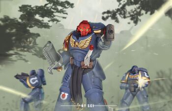 3boys absurdres adeptus_astartes aiming aiming_at_viewer armor artist_name battle belt_pouch black_loincloth bolter breastplate chainsword commentary dual_wielding english_commentary firing full_armor gauntlets grey_sky gun helmet highres holding holding_bolter holding_gun holding_weapon leaf loincloth male_focus motion_blur multiple_boys muzzle_flash omega_symbol outdoors pauldrons pouch power_armor projectile_trail purity_seal sci_(31134306) shoulder_armor skull sky sword tree ultramarines warhammer_40k weapon weapon_request winged_skull