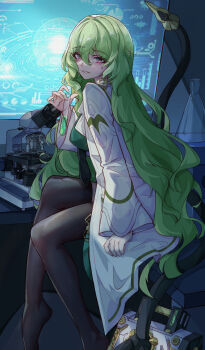 1girl 2569659838 absurdres black_necktie black_thighhighs breasts chinese_commentary coat commentary_request earrings green_eyes green_hair green_shirt hair_between_eyes highres holding holding_test_tube holographic_monitor honkai_(series) honkai_impact_3rd indoors jewelry laboratory large_breasts large_variant_set long_hair mechanical_tentacles microscope mobius_(honkai_impact) mobius_(pre-surgery)_(honkai_impact) multicolored_eyes necktie parted_lips pink_eyes shirt sitting slit_pupils solo suitcase test_tube thighhighs two-tone_eyes variant_set very_long_hair white_coat