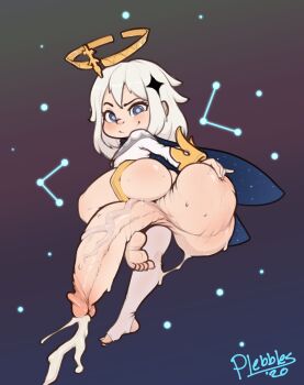 1futa 1girl ass blonde_hair blue_eyes cum female_focus flying futanari genshin_impact gradient_background highres huge_penis huge_testicles loli looking_back medium_hair paimon_(genshin_impact) penis plebbles precum smile solo solo_focus testicle_grab testicles veins veiny_penis