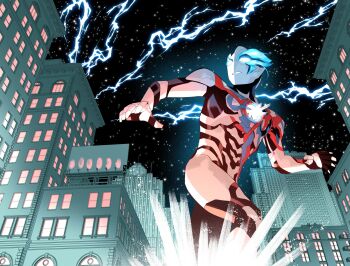 Rule 34 | 1boy, building, city, commentary, energy, english commentary, from below, george kambadais, giant, highres, looking back, male focus, night, sky, star (sky), starry sky, ultra series, ultraman blazar, ultraman blazar (series)