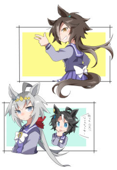 3girls ahoge alternate_hairstyle animal_ears beer_hsk black_hair bow brown_eyes brown_hair commentary_request fuji_kiseki_(umamusume) grey_hair grin hair_between_eyes hair_over_one_eye highres horse_ears horse_girl horse_tail low_ponytail multicolored_hair multiple_girls oguri_cap_(umamusume) open_mouth pleated_skirt ponytail purple_shirt purple_skirt school_uniform shirt skirt smile streaked_hair tail tracen_school_uniform translation_request two-tone_hair umamusume vodka_(umamusume) white_bow white_hair