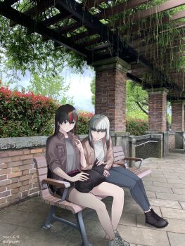 Rule 34 | 2girls, animal, animal on lap, bench, black cat, black hair, black shoes, black shorts, blue pants, blunt bangs, breasts, brick, brown coat, brown eyes, brown jacket, cat, closed mouth, coat, colored tips, commentary request, dated, day, earrings, eating, food, food request, grey shirt, grey shoes, hair between eyes, highres, holding, holding food, inago akira, jacket, jewelry, jouhou, long hair, long sleeves, medium breasts, multicolored hair, multiple girls, on bench, on lap, open clothes, open coat, open jacket, outdoors, pants, parted lips, petting, photo background, plant, satsuki yomi, shirt, shoes, shorts, sitting, skirt, streaked hair, toji no miko, tree, twitter username, white hair