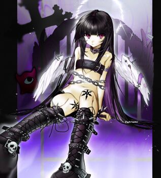 1girl belt_bra black_hair boots gothic_lolita highres lolita_fashion marine_(216631) navel purple_hair short_shorts shorts skull tagme wings