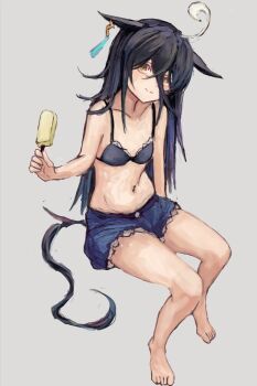 Rule 34 | 1girl, ahoge, animal ears, bare shoulders, bikini, bikini top only, black bikini, black hair, blue shorts, blush, breasts, closed mouth, collarbone, denim, denim shorts, ear tag, earrings, food, hair between eyes, hashtag-only commentary, holding, holding food, holding popsicle, horse ears, horse girl, horse tail, jewelry, long bangs, long hair, long hair between eyes, looking at viewer, manhattan cafe (umamusume), multicolored hair, navel, popsicle, shorts, simple background, single earring, small breasts, smile, solo, stomach, swimsuit, tail, umamusume, very long hair, white hair, yanagi wakana, yellow eyes