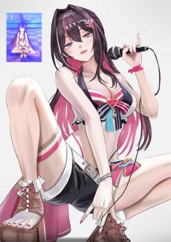 Rule 34 | 1girl, absurdres, asymmetrical sidelocks, azki (hololive), bikini, bikini bottom under shorts, bikini under clothes, black hair, black shorts, boots, breasts, cleavage, colored inner hair, commentary request, dhbwinner, double-parted bangs, front-tie bikini top, front-tie top, grey background, hair intakes, hair ornament, hairclip, highleg, highleg bikini, highres, holding, holding microphone, hololive, hololive summer 2023 swimsuit, large breasts, layered bikini, long hair, looking at viewer, m legs, microphone, mole, mole under eye, multicolored hair, official alternate costume, open-toe boots, parted lips, pink hair, pink streaks, purple eyes, screenshot inset, shorts, sidelocks, simple background, solo, spread legs, squatting, striped bikini, striped clothes, swimsuit, thigh strap, very long hair, virtual youtuber, white bikini, white streaks