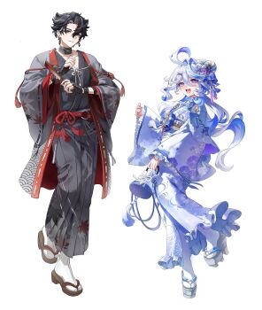 1boy 1girl absurdres ahoge alternate_costume bag blue_eyes blue_hair blue_kimono blue_pupils commentary datsha drop-shaped_pupils floral_print floral_print_kimono flower frilled_kimono frills full_body furina_(genshin_impact) genshin_impact grey_hair hair_between_eyes hair_flower hair_ornament hairclip hand_up heterochromia highres holding holding_bag japanese_clothes kimono kinchaku leg_up long_hair long_sleeves multicolored_hair open_mouth platform_clogs pouch print_kimono simple_background smile socks streaked_hair symbol-shaped_pupils tabi tassel tassel_hair_ornament very_long_hair wavy_hair white_background white_hair white_socks wide_sleeves wriothesley_(genshin_impact)