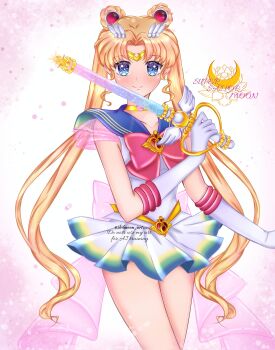 Rule 34 | bishoujo senshi sailor moon, bishoujo senshi sailor moon supers, blonde hair, blue eyes, blue sailor collar, blush, bow, brooch, character name, choker, crisis moon compact, double bun, elbow gloves, erni 1232, gloves, hair bun, hair ornament, heart, heart brooch, heart choker, highres, jewelry, long hair, looking at viewer, magical girl, multicolored skirt, parted bangs, pink bow, red bow, sailor collar, sailor moon, sailor senshi uniform, skirt, super sailor moon, tsukino usagi, twintails, white gloves