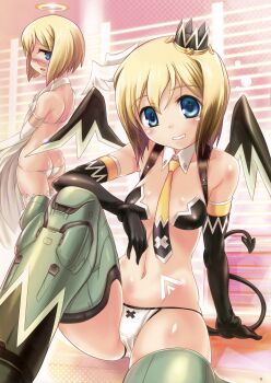 2girls absurdres alternate_costume angel angel_wings ass black_gloves blonde_hair blue_eyes blush breasts butt_crack cameltoe collarbone cosplay crown demon demon_tail demon_wings devil elbow_gloves erica_hartmann glasses gloves halo highres huge_filesize looking_at_viewer looking_back multiple_girls navel necktie official_art open_mouth panties short_hair siblings sisters small_breasts smile standing strike_witches strike_witches:_suomus_misfits_squadron striker_unit tail underwear ursula_hartmann white_gloves white_panties wings world_witches_series