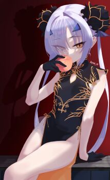 1girl absurdres bare_shoulders black_dress black_gloves blush breasts china_dress chinese_clothes commentary_request detached_sleeves dragon_print dress fate/grand_order fate_(series) flower forked_eyebrows gloves hair_flower hair_ornament half_gloves highres kayu_manis19 long_hair looking_at_viewer melusine_(fate) open_mouth pelvic_curtain short_dress sidelocks small_breasts solo twintails two-tone_dress white_hair yellow_dress yellow_eyes