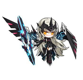 1girl :o absurdres armored_boots bare_shoulders black_boots black_dress black_sleeves blush boots chibi detached_sleeves determined dress elsword eve_(elsword) flustered game_cg gloves grey_hair highres huge_weapon hwansang long_hair long_sleeves looking_at_viewer marking_on_cheek mechanical_wings object_floating_above_hand official_art orange_eyes outstretched_arm parted_lips second-party_source short_dress sleeveless sleeveless_dress sleeves_past_wrists solo spread_wings standing sword tachi-e thigh_boots transparent_background tsurime very_long_hair visor_(armor) weapon white_gloves wings