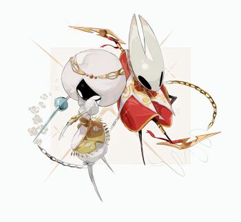 2girls arthropod_girl back-to-back blank_eyes bodysuit border chain chinese_commentary cloak commentary_request film_grain flower from_above gold_trim halftone halftone_background hat highres hightguy holding holding_polearm holding_weapon hollow_eyes hollow_knight hollow_knight:_silksong horned_mask hornet_(hollow_knight) juliet_sleeves lace_(hollow_knight) lance long_sleeves looking_ahead mask multiple_girls no_mouth outside_border polearm puffy_sleeves red_cloak rose simple_background sparkle standing standing_on_one_leg weapon white_bodysuit white_border white_flower white_hat white_mask white_rose yellow_background