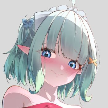 Rule 34 | 1girl, bare shoulders, blue eyes, blush, closed mouth, commentary, cropped, densetsu.exe, ear blush, english commentary, gradient hair, green hair, grey background, hair ornament, hairclip, highres, looking at viewer, looking down, maid headdress, mint fantome, multicolored hair, pointy ears, short hair, shoulder blush, simple background, syxh, triangular headpiece, two side up, virtual youtuber, wavy hair, wavy mouth, x hair ornament