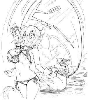 !? 2girls absurdres accidental_exposure animal_print bait beach bell bikini bikini_skirt blush breasts cow_girl cow_horns cow_print cow_print_bikini cow_tail cowbell fang fishing fishing_rod front-tie_bikini_top front-tie_top greyscale groin hair_ribbon hashtag-only_commentary highres holding holding_fishing_rod horns imminent_wardrobe_malfunction jashin-chan jashin-chan_dropkick lamia large_breasts long_hair minos_(jashin-chan_dropkick) monochrome monster_girl motion_lines multiple_girls navel neck_bell open_mouth outdoors print_bikini ribbon shark_fin short_hair side-tie_bikini_bottom sound_effects standing surprised swimsuit tail tangan-chan twintails underboob yuuki_shushu