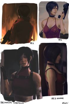 4girls absurdres ada_wong animal_print bandage_over_one_eye bandaged_arm bandages bare_arms bare_shoulders black_choker black_gloves black_hair blood blood_on_face bow_(weapon) bra bra_peek breasts brown_eyes butterfly_print chest_harness choker closed_mouth collarbone copyright_name crossbow dress finger_on_trigger gloves gun handgun harness highres holding holding_crossbow holding_gun holding_weapon kurumi031212 looking_at_viewer medium_breasts multiple_girls multiple_persona one_eye_covered print_dress profile red_dress red_shirt red_sweater resident_evil resident_evil:_the_darkside_chronicles resident_evil_2 resident_evil_2_(remake) resident_evil_4 resident_evil_6 ribbed_sweater shirt short_hair sleeveless sleeveless_dress sleeveless_sweater sweater turtleneck turtleneck_sweater underwear weapon