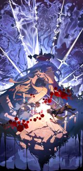 Rule 34 | 1boy, 2girls, abstract background, absurdres, aether (genshin impact), ahoge, asmoday (genshin impact), blonde hair, blue background, boots, braid, broken, broken pillar, brother and sister, chinese commentary, closed mouth, commentary request, crop top, cube, drawing sword, dress, electricity, faceless, faceless female, faceless male, floating, floating hair, from side, full body, furina (genshin impact), genshin impact, glint, glowing, grey hair, hair between eyes, hair ornament, highres, holding, holding sword, holding weapon, human scabbard, long braid, long hair, looking down, looking to the side, lumine (genshin impact), mavuika (genshin impact), multiple girls, multiple others, musou isshin (genshin impact), nahida (genshin impact), orange hair, pants, pillar, qian qian qian, raiden shogun, rubble, ruins, scarf, shade, shadow, short hair, siblings, single braid, stone pillar, sword, thigh boots, tsaritsa (genshin impact), twins, upper body, venti (genshin impact), weapon, white dress, white scarf, zhongli (genshin impact)