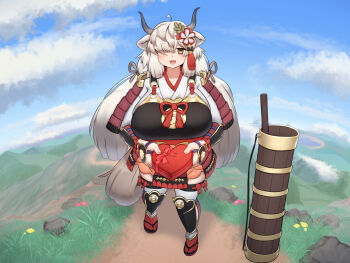 Rule 34 | 1girl, alternate costume, animal ears, armor, armored skirt, blush, bow, bowtie, breastplate, breasts, brown eyes, butter churn, commentary request, cow ears, cow girl, cow horns, cow tail, cowboy shot, extra ears, gauntlets, greaves, hair over one eye, highres, hill, horns, huge breasts, japanese armor, japanese clothes, japari symbol, kemono friends, kemono friends 3, long hair, looking at viewer, mo23, outdoors, red bow, red bowtie, shirt, solo, tail, thighhighs, twintails, valentine, white hair, white shirt, white thighhighs, yak (kemono friends), zettai ryouiki