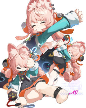 >_< 1girl animal_ears barefoot black_dress braid buster_sword closed_eyes closed_mouth commentary_request dress furry furry_female green_jacket holding holding_sword holding_weapon jacket long_hair lying on_side open_mouth pink_fur pink_hair rabbit_ears rabbit_girl revision solo sword thigh_strap twin_braids uixy very_long_hair weapon zenless_zone_zero zhao_(zenless_zone_zero)