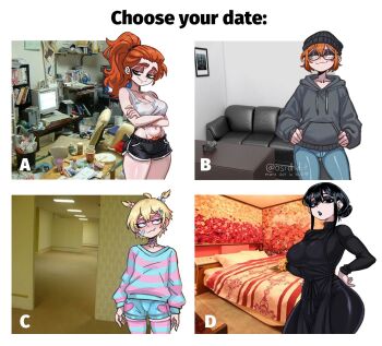 Rule 34 | 4girls, :3, backrooms (creepypasta), bed, black eyeshadow, black hair, black lips, black shorts, blonde hair, blue pants, blue shorts, blue sweater, blue thighhighs, bookshelf, breasts, couch, crop top, crossed arms, english text, eyeshadow, fang, feet out of frame, female pubic hair, floral print, glasses, goth fashion, green eyes, grey hoodie, hair bun, heart, heart print, highres, hood, hoodie, large breasts, long hair, long sleeves, looking to the side, makeup, medium breasts, meme, messy room, monitor, multicolored thighhighs, multiple girls, original, osidid, pants, photo inset, pink sweater, pink thighhighs, ponytail, pubic hair, red hair, rose print, shirt, short hair, shorts, sidelocks, small breasts, smile, smug, sweater, thighhighs, two-tone shorts, two-tone sweater, two-tone thighhighs, white shirt