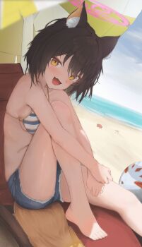 1girl :d absurdres animal_ear_fluff animal_ears bare_legs barefoot beach beach_chair beach_umbrella bikini bikini_top_only black_hair blue_archive blush breasts cutoffs denim denim_shorts eiyuo fang fox_ears fox_tail halo highres holding_own_leg izuna_(blue_archive) legs medium_breasts ocean open_mouth outdoors pink_halo short_shorts shorts sitting skin_fang smile striped_bikini striped_clothes swimsuit tail umbrella yellow_eyes