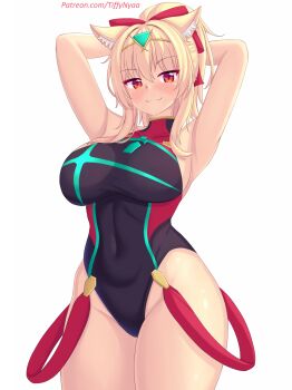 1girl animal_ear_fluff animal_ears aqua_gemstone arms_up black_one-piece_swimsuit blonde_hair breasts cat_ears cat_girl competition_swimsuit core_crystal_(xenoblade) cosplay covered_navel fang gem headpiece highres large_breasts long_hair looking_at_viewer multicolored_swimsuit nottytiffy one-piece_swimsuit original patreon_username ponytail pyra_(pro_swimmer)_(xenoblade) pyra_(pro_swimmer)_(xenoblade)_(cosplay) pyra_(xenoblade) red_eyes slit_pupils smile solo swimsuit tail tiffy_(nottytiffy) watermark web_address white_background wolf_ears wolf_girl wolf_tail xenoblade_chronicles_(series)