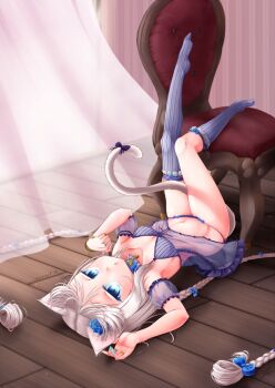 1girl 2018 :o alternate_costume animal_ear_fluff animal_ears arm_garter artist_name babydoll bare_shoulders bell between_legs blue_babydoll blue_bow blue_choker blue_eyes blue_flower blue_nails blue_panties blue_rose blue_thighhighs blush bow bow_legwear bow_panties bra braid breasts cat_ears cat_girl cat_tail choker collarbone colored_eyelashes commentary_request curtains dated downblouse dutch_angle eyelashes flower frilled_choker frilled_thighhighs frills full_body hair_between_eyes hair_bow hair_flower hair_ornament hair_spread_out hands_up highres indoors jingle_bell knees_together_feet_apart lace lace-trimmed_bra lace_trim legs_up lingerie long_hair looking_at_viewer lying nail_polish navel neck_bell nekopara no_shoes on_back open_mouth panties paw_pose purple_bow rose see-through_clothes see-through_babydoll side-tie_panties slit_pupils small_breasts solo stalkingp striped_clothes striped_thighhighs tail tail_between_legs tail_bow tail_ornament tail_raised thighhighs thighs twin_braids underwear vanilla_(nekopara) vertical-striped_clothes vertical-striped_thighhighs very_long_hair white_hair