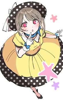 1girl 4ding :d black_hat black_shoes blue_neckerchief brown_hair collared_dress contrast_collar dress finger_to_mouth full_body gloves hat highres looking_at_viewer love_live! love_live!_nijigasaki_high_school_idol_club nakasu_kasumi neckerchief official_alternate_costume open_mouth polka_dot polka_dot_dress polka_dot_headwear poppin&#039;_up!_(love_live!) puffy_short_sleeves puffy_sleeves red_eyes shoes short_sleeves simple_background smile solo star_(symbol) white_background white_gloves yellow_dress