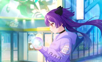 1girl black_choker blurry blurry_background blurry_foreground blush choker closed_mouth depth_of_field game_cg highres holding hood hood_down hoodie long_hair long_sleeves nekoashi_tsubomi profile purple_hair sleeves_past_wrists solo third-party_source upper_body world_dai_star yellow_eyes