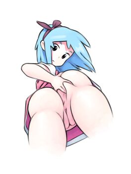 1girl ass ass_grab bare_legs blue_hair bow cleft_of_venus closed_mouth colored_skin dress female_focus hairband huge_ass loli looking_down no_panties nude original pussy simx spread_ass teasing thick_thighs thighs uncensored upskirt white_background white_skin wide_hips zoey_(simx)