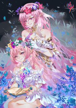 2girls absurdres artist_logo bare_shoulders book breasts closed_mouth coconuthound commentary cyrene_(honkai:_star_rail) cyrene_(ripples_of_past_reverie)_(honkai:_star_rail) dress elysia_(herrscher_of_human:_ego)_(honkai_impact) elysia_(honkai_impact) english_commentary gloves head_wreath highres holding holding_book honkai:_star_rail honkai_(series) honkai_impact_3rd in-franchise_crossover inoue_marina large_breasts logo looking_at_another looking_at_viewer multiple_girls pointy_ears purple_eyes sidelocks sitting smile triquetra voice_actor_connection white_dress white_gloves yanning