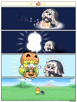 2girls black_eyes blonde_hair bow bowtie commentary_request dress gloves green_eyes grey_hair highres jack-o'-lantern_(kemono_friends) kemono_friends long_hair meme multiple_girls outdoors parody pumpkin pumpkin_hat shizuraku speaki_(trickcal) speakiposting_(meme) trickcal veil