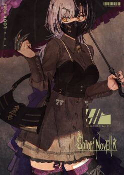 1girl alternate_costume back_ribbon bag barcode black_hair black_nails blunt_bangs bow character_name claw_ring clothing_request collared_dress commentary cowboy_shot cuff_links dress dress_bow frilled_umbrella frills garter_straps grey_dress grey_hair hair_ornament hairclip handbag highres holding holding_umbrella hololive hololive_english jewelry long_hair long_sleeves looking_to_the_side mask mouth_mask multicolored_hair necklace parasol purple_garter_straps purple_thighhighs ring shiori_novella short_dress sideways_glance sleeve_cuffs solo thighhighs total two-tone_hair umbrella virtual_youtuber yellow_eyes zettai_ryouiki