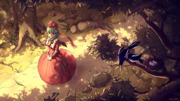 1girl absurdres arm_ribbon bird bird_nest black_bird bow branch chinese_commentary collar commentary dappled_sunlight dated dirt_road dress egg forest frilled_collar frilled_dress frilled_ribbon frills from_above front_ponytail grass green_eyes green_hair hair_bow highres kagiyama_hina leaf light_smile looking_to_the_side looking_up medium_hair nature nest own_hands_together path plant_roots red_bow red_dress red_ribbon ribbon road rock royl sideways_glance solo sunlight touhou tree white_collar