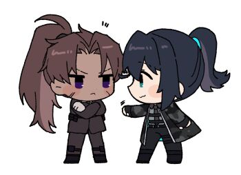 2boys :< belt black_belt black_boots black_coat black_gloves black_jacket black_necktie boots brown_hair chest_harness coat crossed_arms dark-skinned_male dark_skin full-stop_office_(identity)_(project_moon) gloves harness heathcliff_(project_moon) high_ponytail highres hong_lu_(project_moon) jacket limbus_company long_hair multiple_boys nantekottawo!! necktie ponytail project_moon purple_eyes simple_background thigh_strap very_long_hair white_background white_gloves