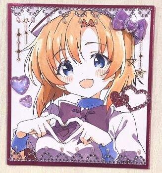 1girl :d blunt_ends blush bow bowtie four-finger_heart_hands hat heart heart_hands highres higurashi_no_naku_koro_ni looking_at_viewer niyane open_mouth orange_hair parted_bangs portrait purple_bow purple_bowtie ryuuguu_rena shikishi shirt short_hair short_sleeves simple_background smile solo traditional_media white_background white_hat white_shirt