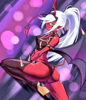 armlet ass black_boots blurry blurry_background bokeh boots choker colored_skin demon_tail demon_wings depth_of_field fang horns jewelry kneesocks_(psg) long_hair panty_&amp;_stocking_with_garterbelt pointy_ears ponytail red_skin rodrigo_yoshimiya single_horn spiked_armlet spiked_choker spikes tail white_hair wings yellow_eyes