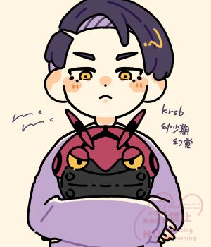 1boy aged_down black_hair blush_stickers closed_mouth commentary_request corbeau_(pokemon) gen_5_pokemon highres holding holding_pokemon long_sleeves looking_at_viewer machamonaco male_focus nintendo pokemon pokemon_(creature) pokemon_legends:_z-a purple_sweater short_hair sleeves_past_wrists sweater translation_request upper_body venipede watermark yellow_eyes
