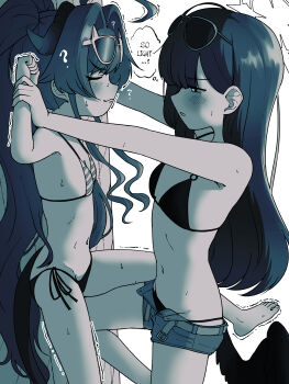 2girls ? absurdres barefoot bikini blue_archive blush breasts closed_mouth eyewear_on_head flat_chest from_side greyscale half-closed_eyes height_difference highres horns ichika_(blue_archive) ichika_(swimsuit)_(blue_archive) kasumi_(blue_archive) kasumi_(swimsuit)_(blue_archive) long_hair low_wings manmaderain micro_shorts mismatched_bikini monochrome multiple_girls navel open_clothes open_shorts parted_lips ponytail shorts side-tie_bikini_bottom small_breasts speech_bubble striped_bikini striped_clothes sunglasses sweat swimsuit thought_bubble trembling wings yuri