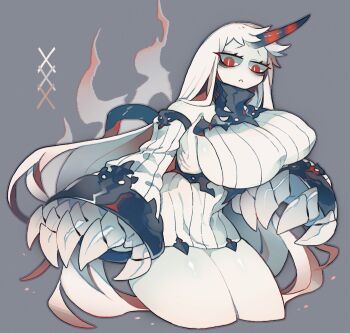 1girl abyssal_ship akadako breasts claws closed_mouth colored_skin commentary_request covered_erect_nipples cropped_legs dress eyelashes frown grey_background horns huge_breasts kantai_collection long_hair red_eyes ribbed_dress ribs seaport_princess single_horn solo striped_horns thighs white_skin