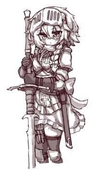 Rule 34 | 1girl, alternate costume, armor, back bow, blush, bow, braid, closed mouth, commentary, gloves, greyscale, hair bow, highres, holding, holding sword, holding weapon, holster, izayoi sakuya, knee armor, knife, knight, korean commentary, looking at viewer, monochrome, rampa93, sheath, sheathed, skirt, solo, sword, textless version, thigh holster, thighhighs, touhou, twin braids, two-handed sword, visor (armor), weapon