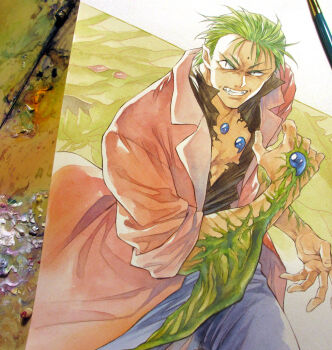 1boy agahari arm_blade art_brush art_tools_in_frame black_eyes black_shirt blue_pants blue_seed clenched_teeth coat commentary_request cowboy_shot green_hair kusanagi_mamoru lapels looking_at_viewer magatama male_focus open_clothes open_coat paintbrush painting_(medium) pants photo_(medium) red_coat shirt short_hair sleeves_rolled_up slit_pupils solo standing teeth torn_clothes torn_shirt traditional_media weapon