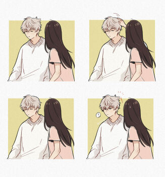 1boy 1girl ? breasts brown_hair closed_eyes couple grey_hair hand_in_another&#039;s_hair hetero highres long_hair looking_at_another love_and_deepspace nijinoji pink_shirt protagonist_(love_and_deepspace) shirt short_hair sleepy small_breasts spoken_question_mark sweater t-shirt upper_body white_sweater xavier_(love_and_deepspace) yellow_background