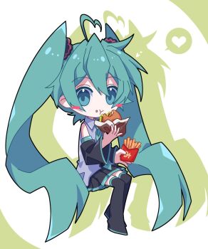 1girl :t ahoge aosaki_yato bare_shoulders black_boots black_skirt black_sleeves boots burger chibi chibi_only closed_mouth collared_shirt commentary_request detached_sleeves double-parted_bangs eating food food_on_face french_fries full_body green_eyes green_hair green_necktie grey_shirt hair_between_eyes hatsune_miku heart heart_ahoge highres holding holding_food invisible_chair long_hair long_sleeves looking_at_viewer miniskirt necktie pleated_skirt shirt simple_background sitting skirt sleeveless sleeveless_shirt solo thigh_boots thighhighs tie_clip twintails vocaloid white_background wide_sleeves zettai_ryouiki